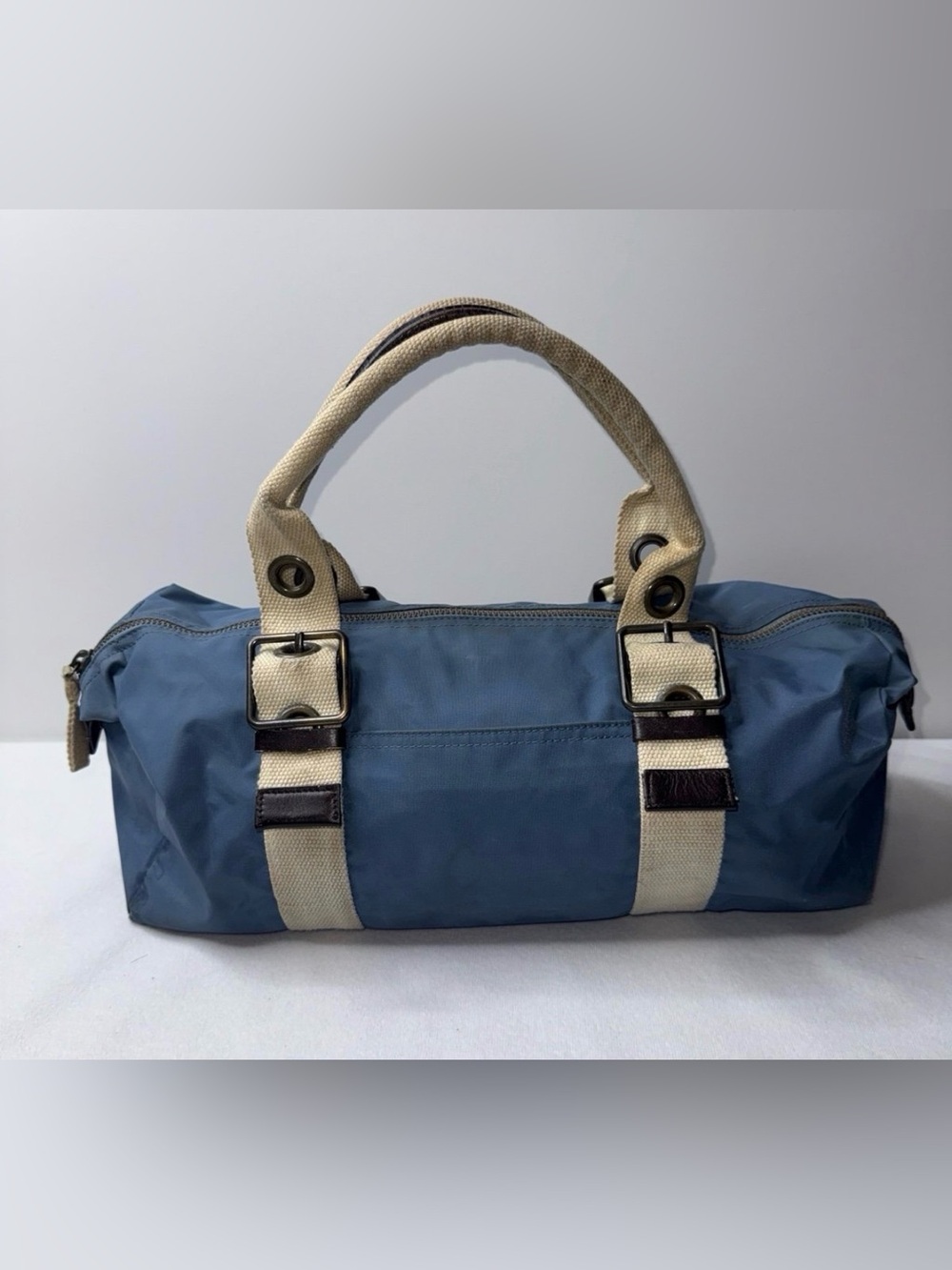 Classic Blue Canvas Tote with Cream Handles